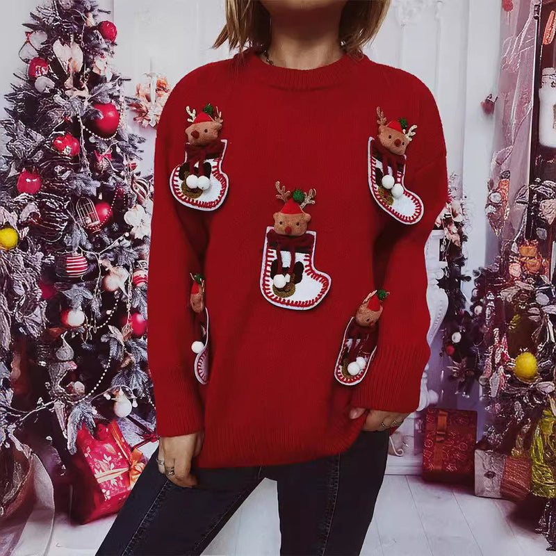 Women's Christmas Knit Sweater with Festive Reindeer Motif and 3D Details R&B