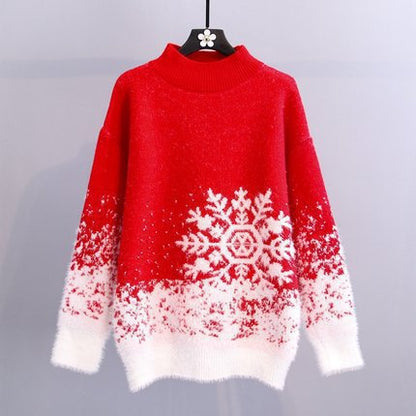 Women's Chunky Knit Sweater with Festive Snowflake Motif and Soft Collar