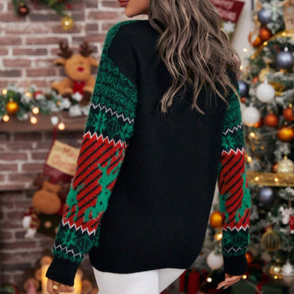 Women's Festive Christmas Knit Sweater with Animal Print Pattern and Casual Cut