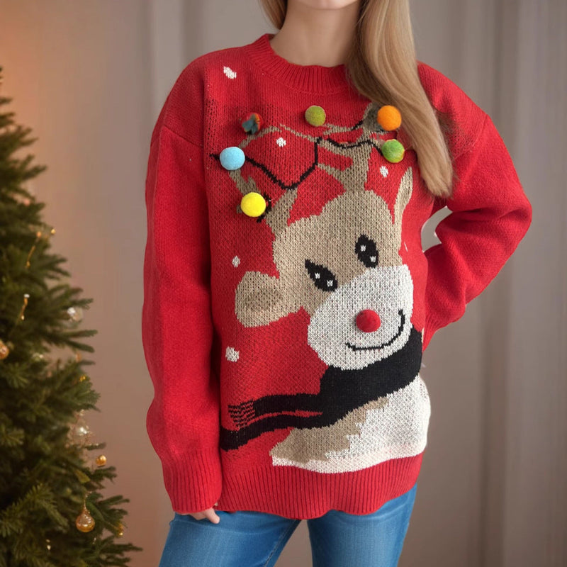 Women's Christmas Sweater with Unique Reindeer Motif and Colorful Appliqués R&B