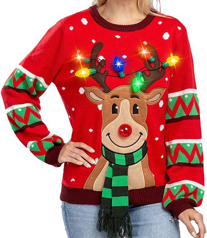 Women's Christmas Knit Sweater with Reindeer Appliqué, Built-In Fairy Lights and 3D Pom-Pom Nose R&B