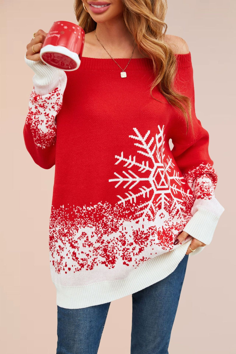 Women's Festive Christmas Sweater with Elegant Snowflake Motif and Off-Shoulder Design