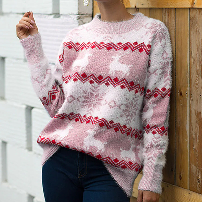 Women's Knit Sweater with Festive Reindeer and Snowflake Motif