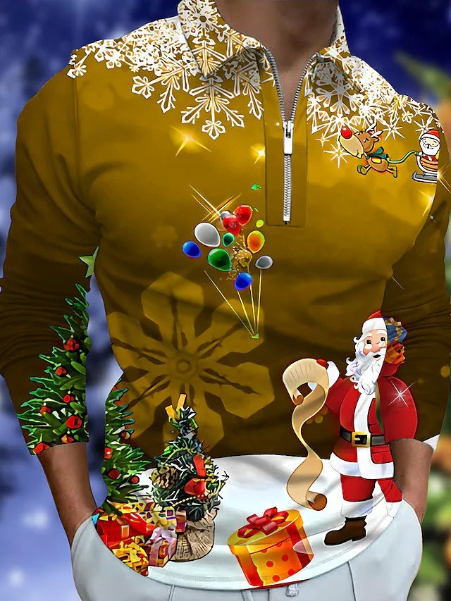 Men's Christmas Long-Sleeve Shirt with Festive Graphic Design and Practical Zipper R&B