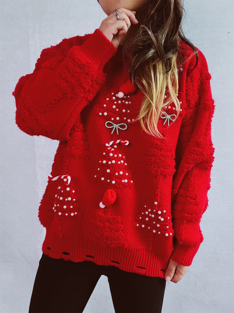 Women's Festive Sweater with Creative Christmas Motifs and Textured Design