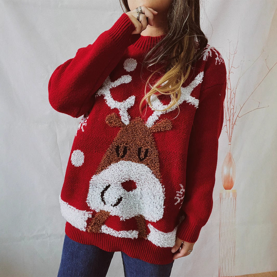 Women's Cozy Christmas Sweater with Funny Reindeer Motif R&B