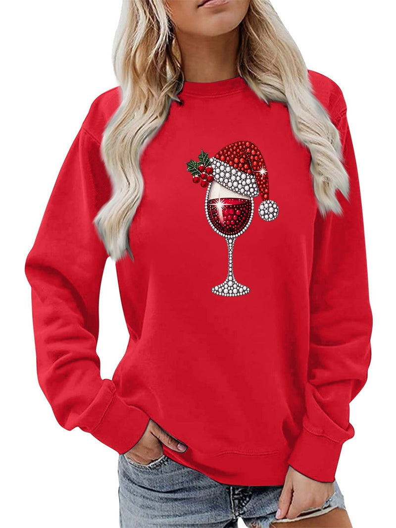 Women's Sweatshirt with Soft Lining and Festive Wine Motif