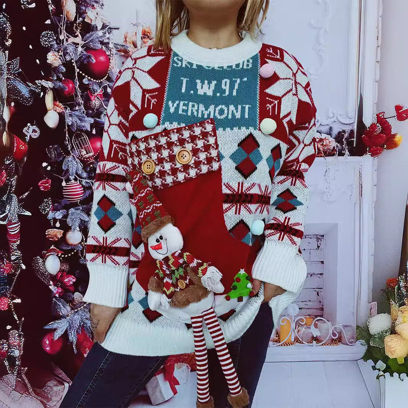 Women's Festive Sweater with Wintry Snowman Motif and Decorative Details R&B