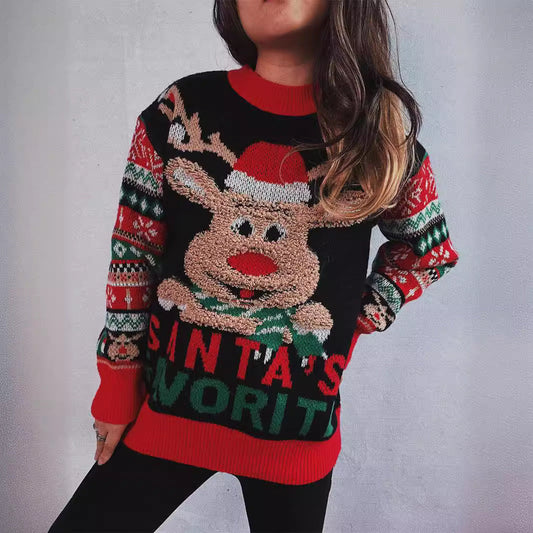Women's Christmas Sweater with Festive Reindeer Motif and Colorful Patterns