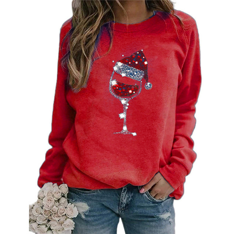 Women's Christmas Sweatshirt with Sequin Wine Glass and Crew Neck