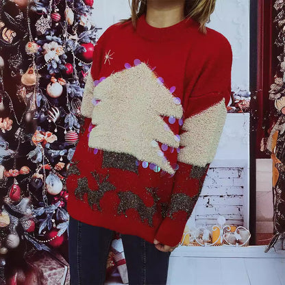 Women's Festive Sweater with Christmas Motif and Glitter Appliqués