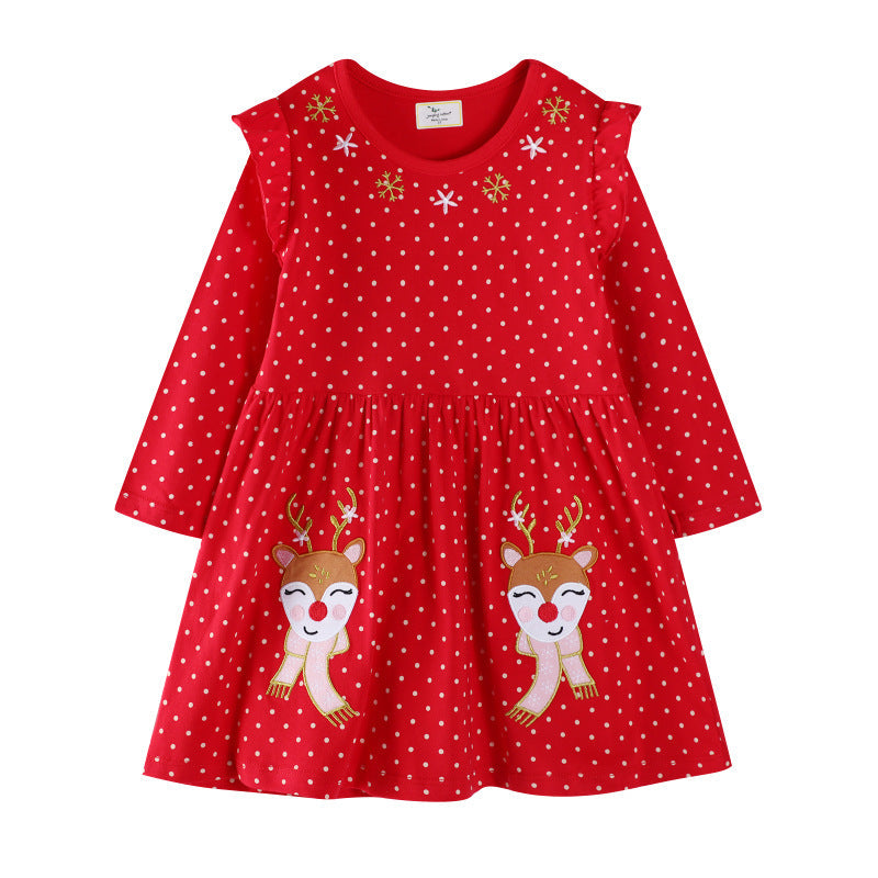 Girls' Casual Dress with Festive Reindeer Design