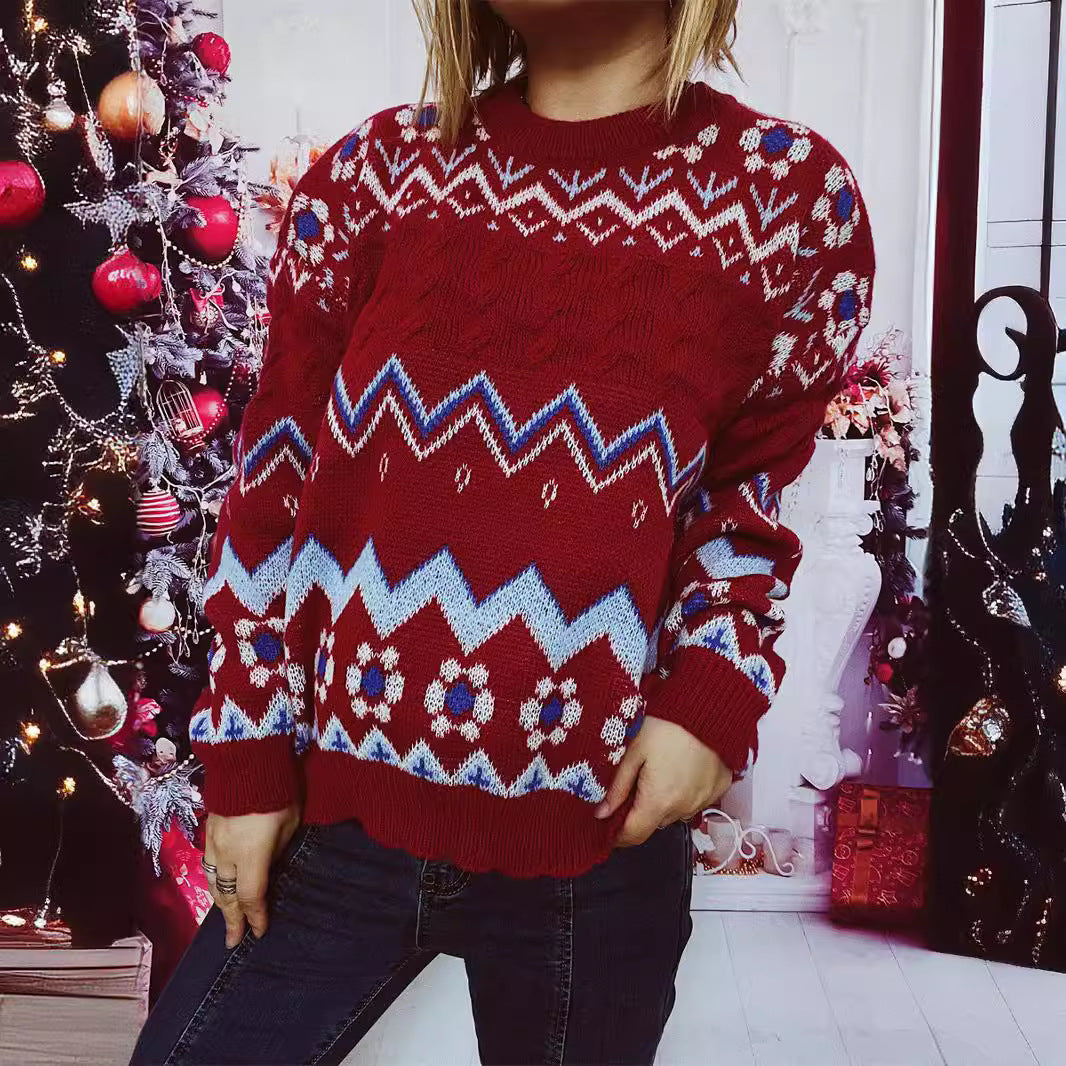Women's Festive Knit Sweater with Nordic Pattern R&B