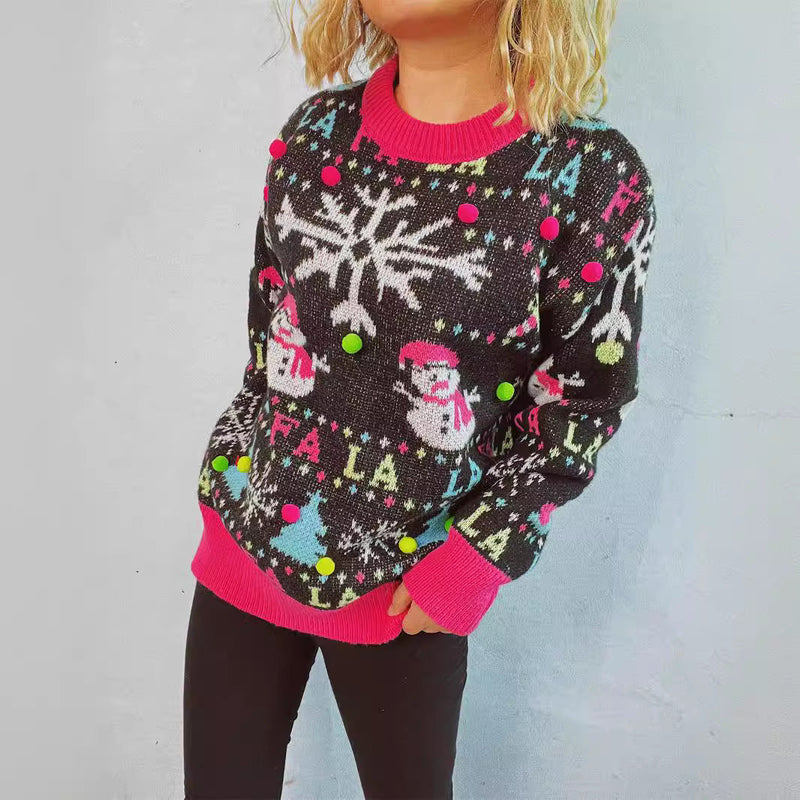 Women's Festive Sweater with Colorful 3D Appliqués and Motif Design
