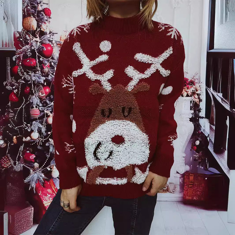 Women's Christmas Sweater with Festive Reindeer Motif and Textured Knit R&B