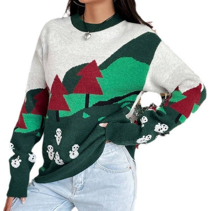 Women's Christmas Sweater with Festive Snow Motif and High Collar
