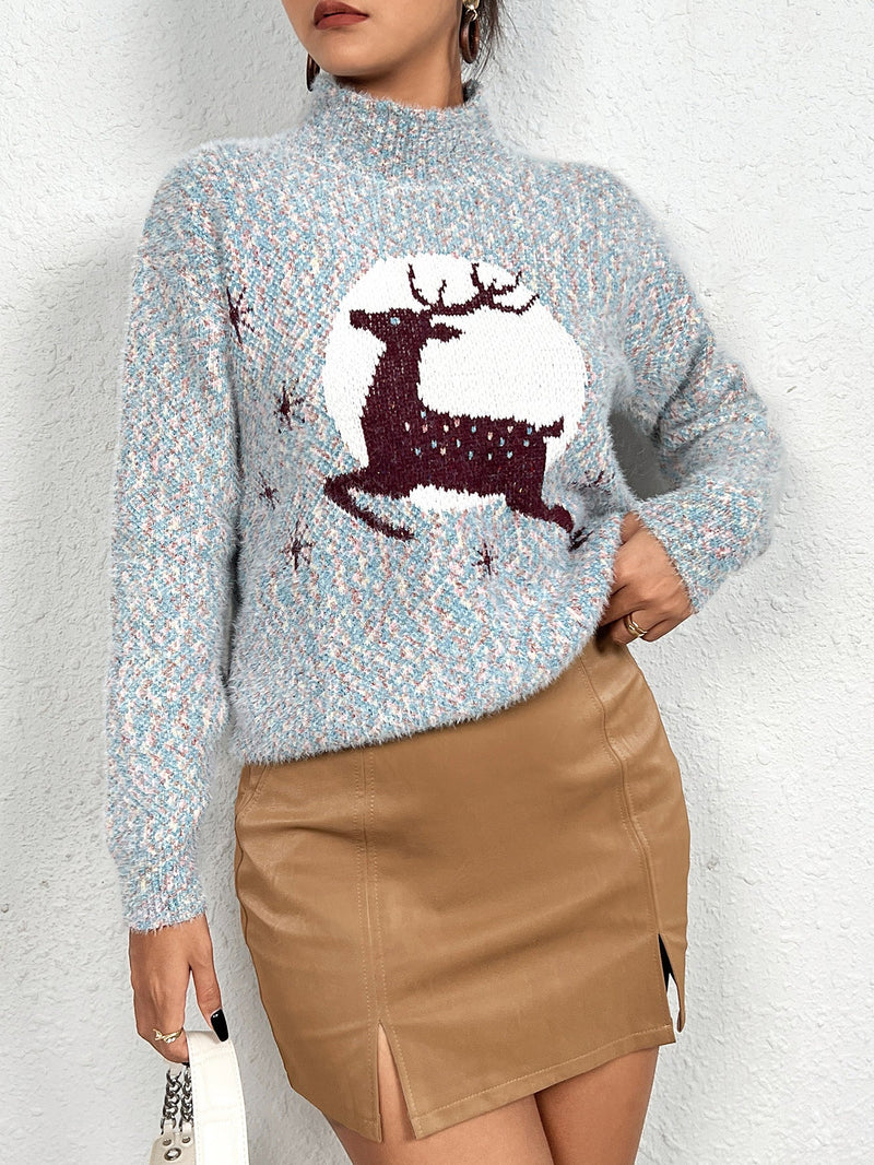 Women's Cozy Christmas Sweater with High Collar and Festive Reindeer Motif