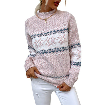 Women's Cozy Oversized Sweater with Christmas Motif and High Collar