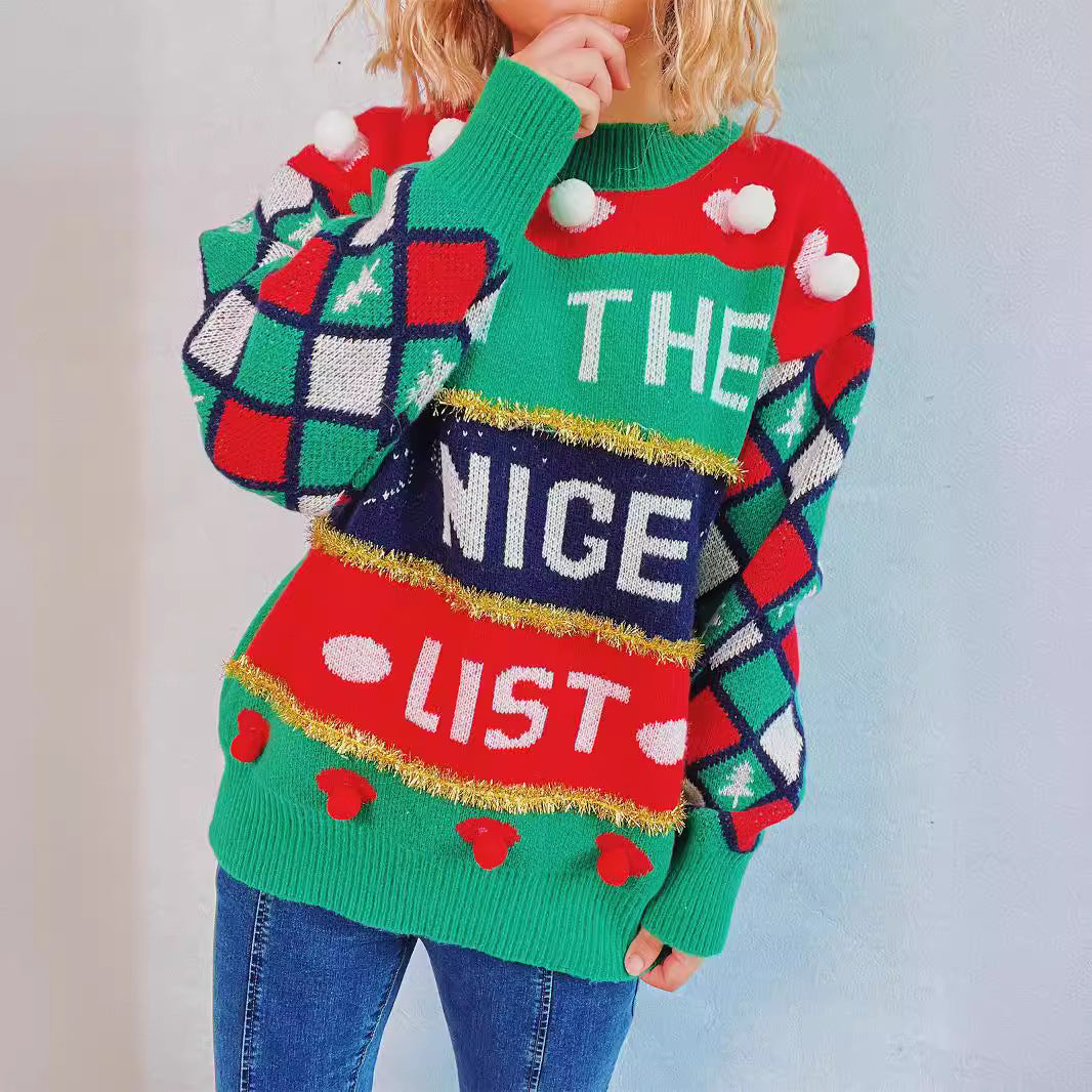 Women's Festive Sweater with Colorful Appliqués and Playful Design