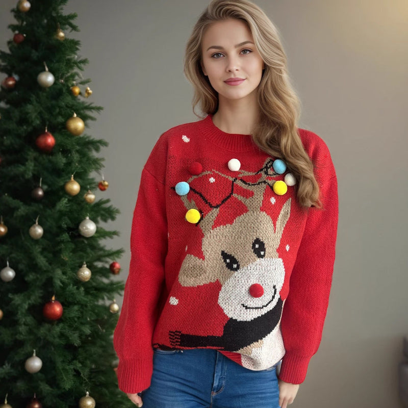 Women's Christmas Sweater with Unique Reindeer Motif and Colorful Appliqués R&B