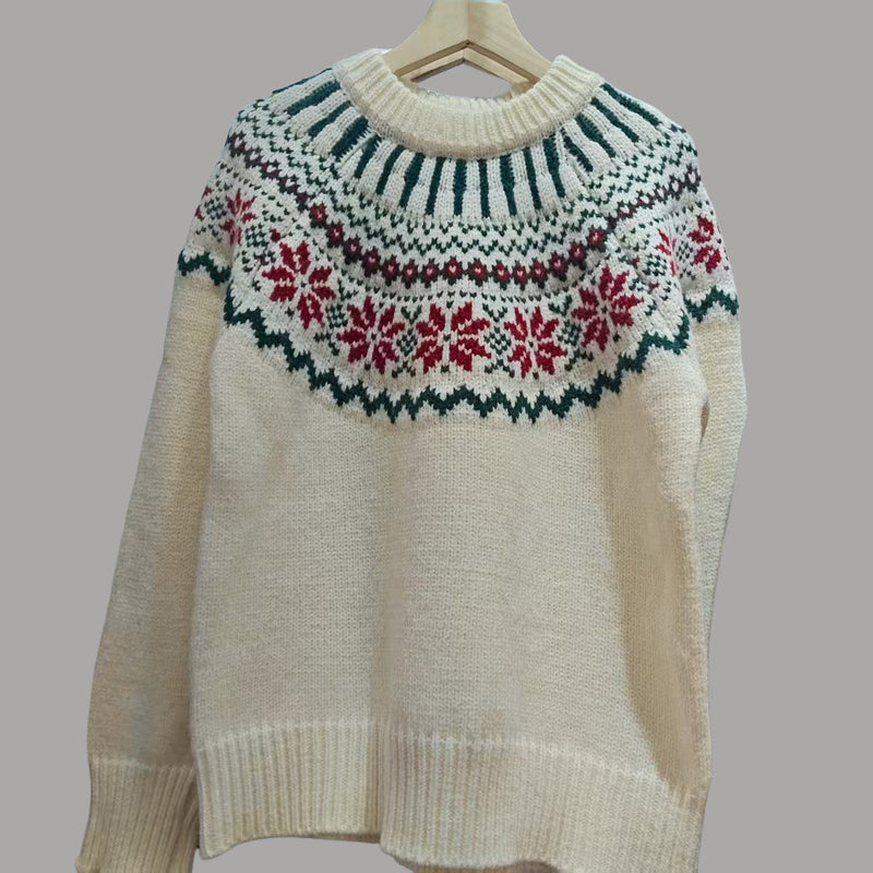 Women's Knit Sweater with Festive Norwegian Motif and Wide Cut R&B