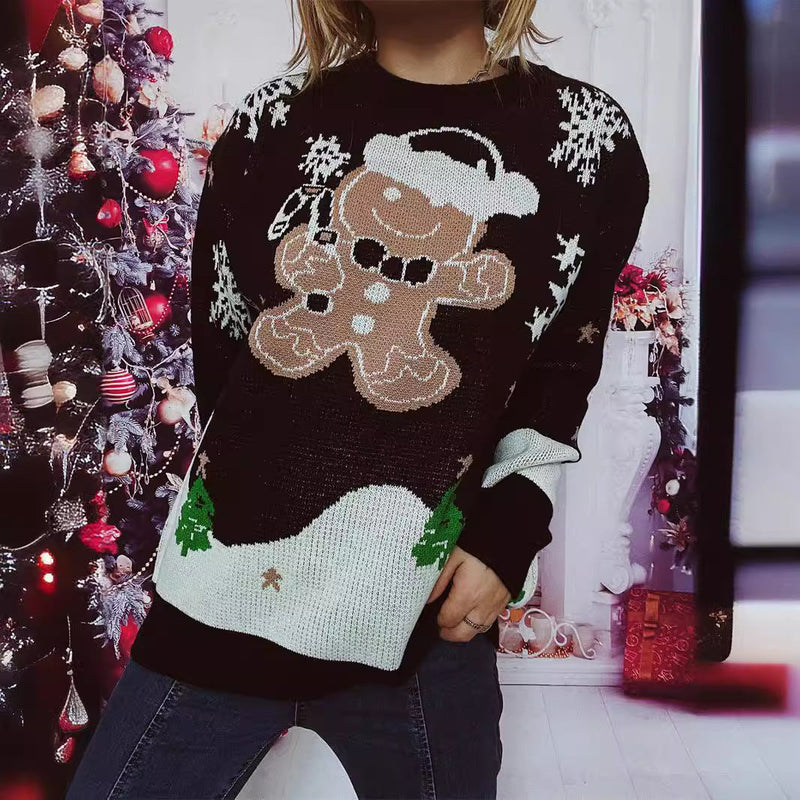 Women's Christmas Sweater with Gingerbread Motif and Crew Neck R&B