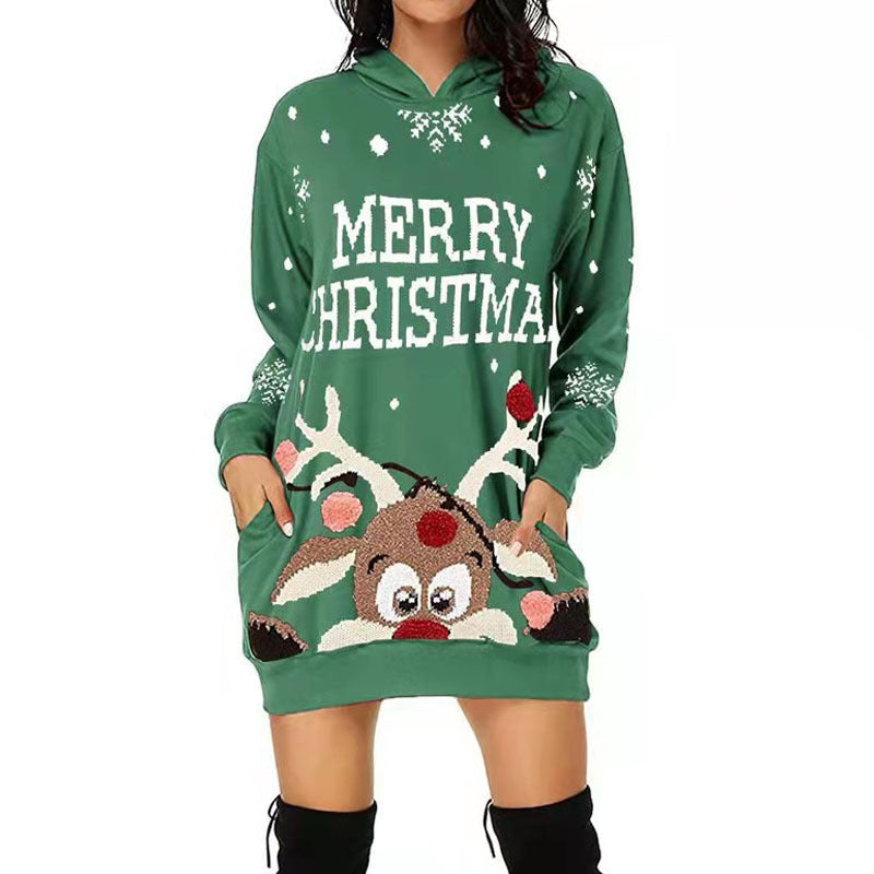 Women's Hooded Dress with Cute Reindeer Motif and Christmas Lettering R&B