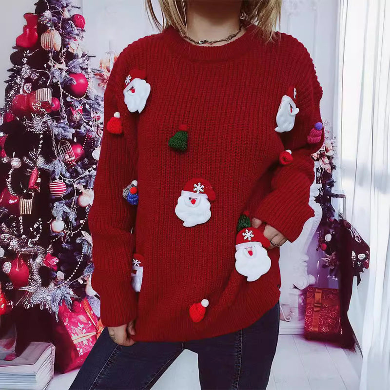 Women's Christmas Sweater with Festive Santa Motif and Textured Knit Quality