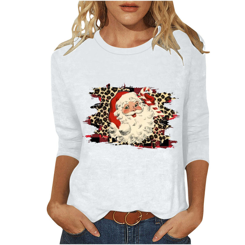 Women's Casual Sweatshirt with Retro Santa Claus Print, Leopard and Plaid Pattern and Three-Quarter Sleeves