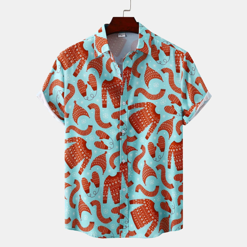 Men's Short-Sleeve Shirt with Creative Christmas Pattern and Breathable Cotton