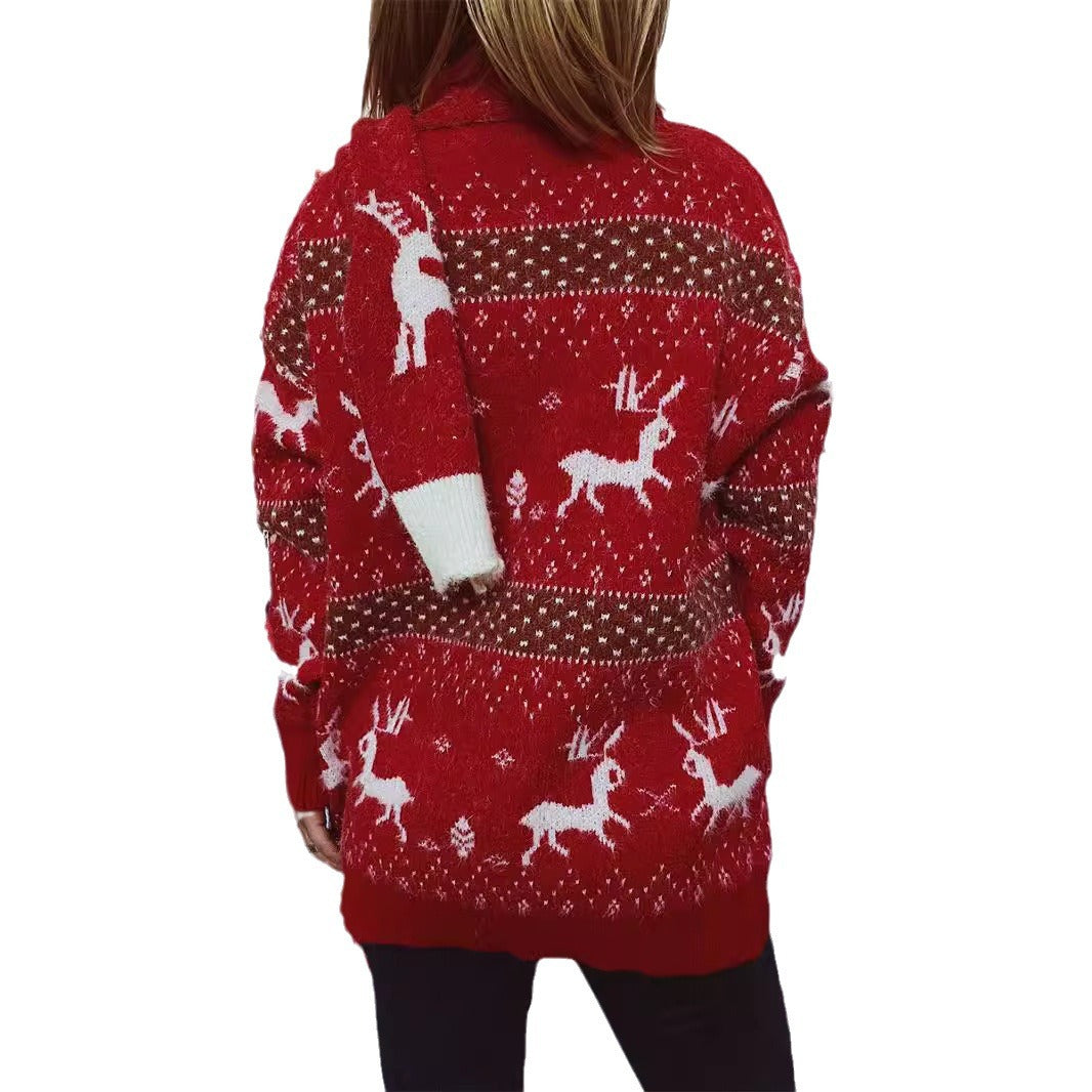 Women's Knit Sweater with Festive Reindeer Motif and High Collar