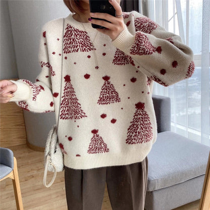 Women's Cozy Sweater with Christmas Tree Pattern
