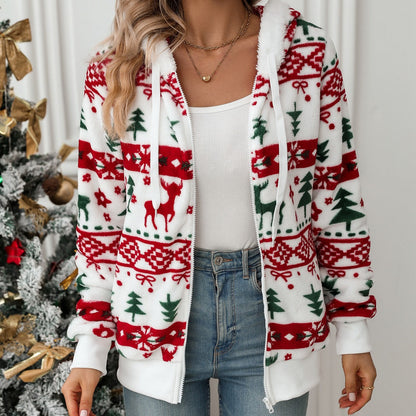 Women's Cozy Hooded Sweater with Festive Motif