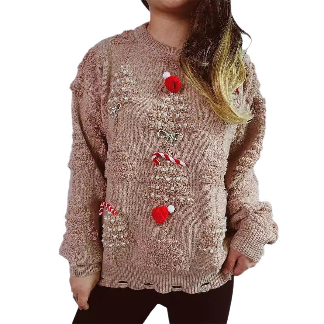 Women's Festive Sweater with Creative Christmas Motifs and Textured Design R&B