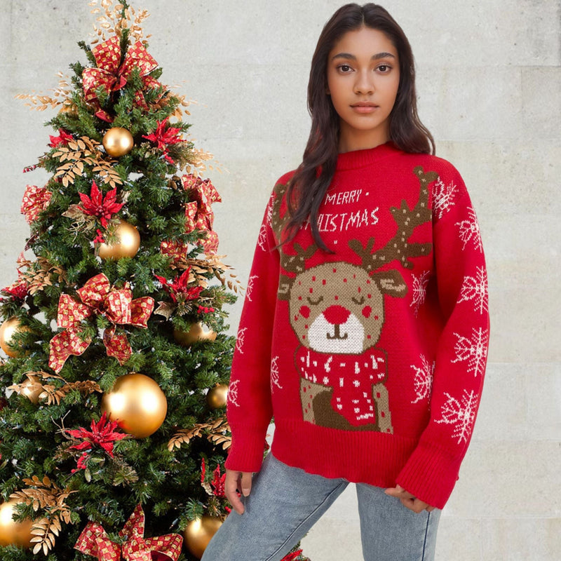 Women's Christmas Sweater with Cute Reindeer Motif and Wintry Snowflakes