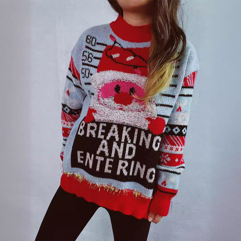 Women's Christmas Sweater with Festive Santa Motif and Shiny Accents R&B