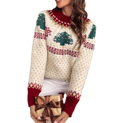 Women's Festive Knit Sweater with Fir Tree Design and Soft Material
