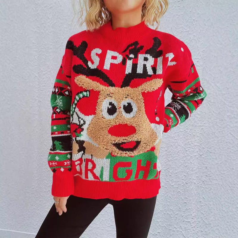 Women's Christmas Sweater with Cheerful Reindeer Motif and Eye-Catching Knit Pattern