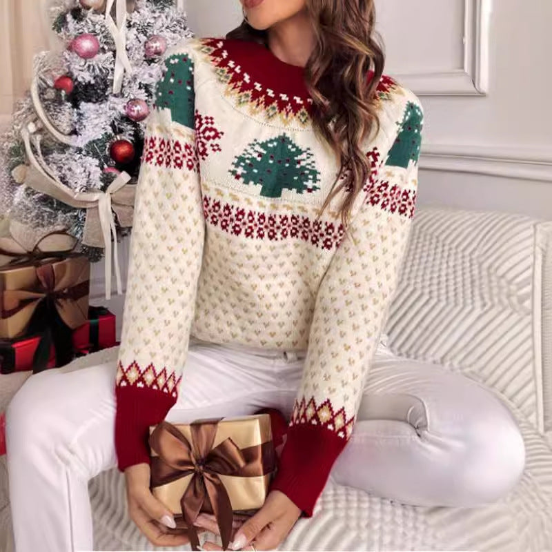 Women's Festive Knit Sweater with Fir Tree Design and Soft Material
