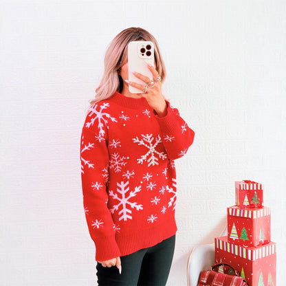Women's Christmas Sweater with Festive Snow Pattern and High Collar R&B