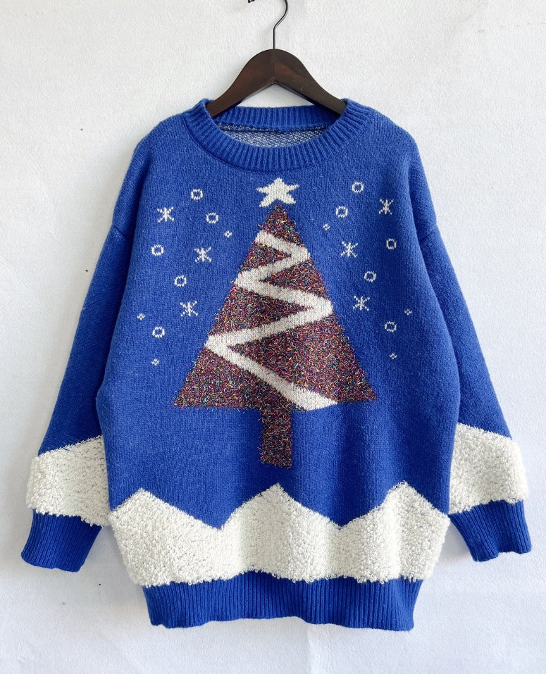 Women's Christmas Sweater with Glittering Tree Motif and Cozy Texture R&B