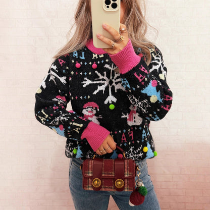 Women's Festive Sweater with Colorful Christmas Motifs and Playful Details