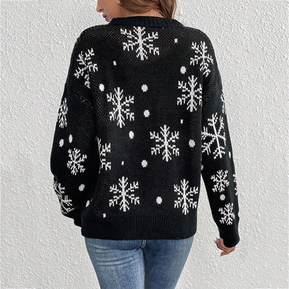 Women's Christmas Sweater with Fun Reindeer Motif and Snowflake Pattern