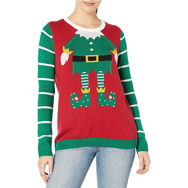 Women's Christmas Sweater with Cheeky Elf Motif and Striped Sleeves R&B