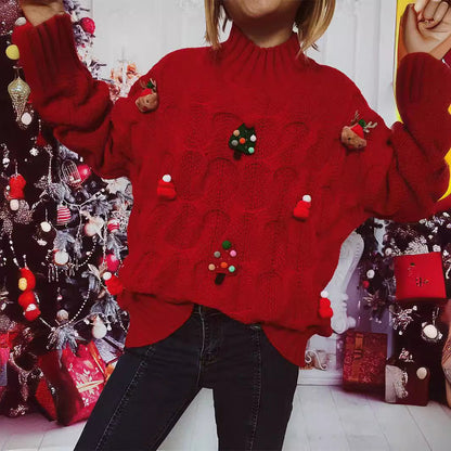 Women's Winter Sweater with Festive Motif and Textured Knit