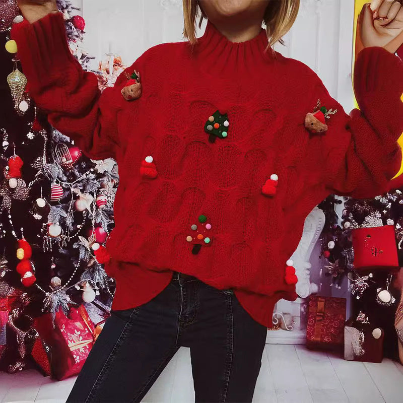 Women's Winter Sweater with Festive Motif and Textured Knit