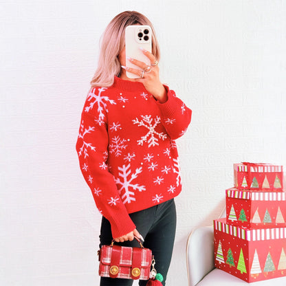 Women's Christmas Sweater with Festive Snow Pattern and High Collar