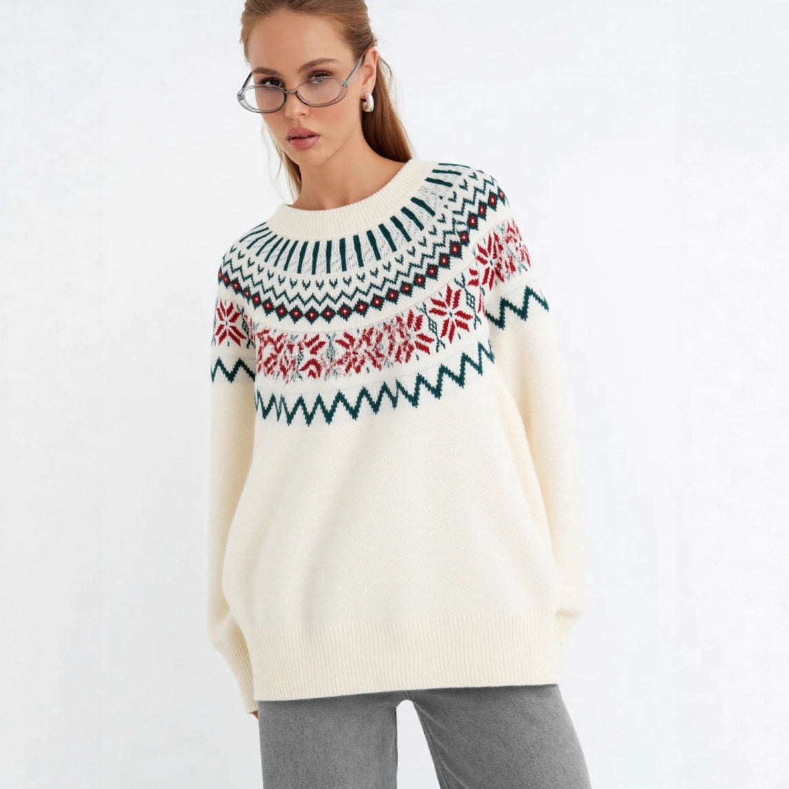 Women's Knit Sweater with Festive Norwegian Motif and Wide Cut R&B