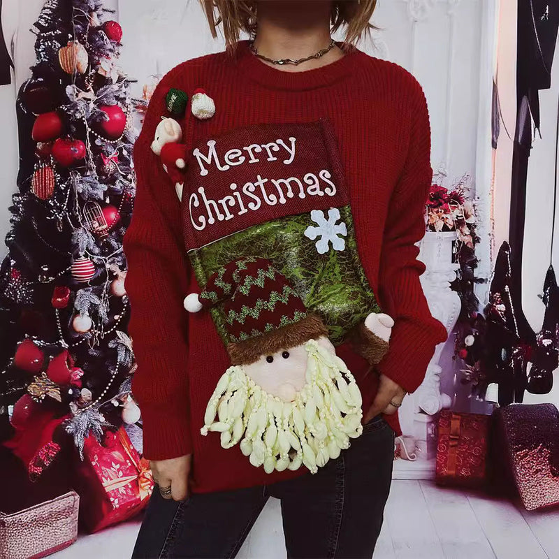 Women's Christmas Sweater with Festive Design and 3D Appliqués