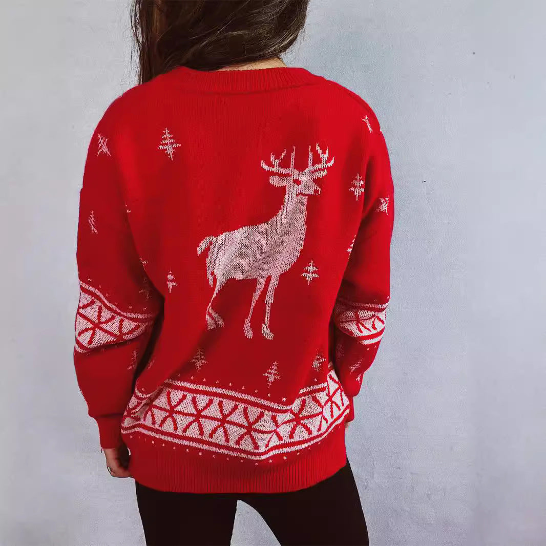 Women's Christmas Sweater with Festive Reindeer Motif and Soft Knit R&B